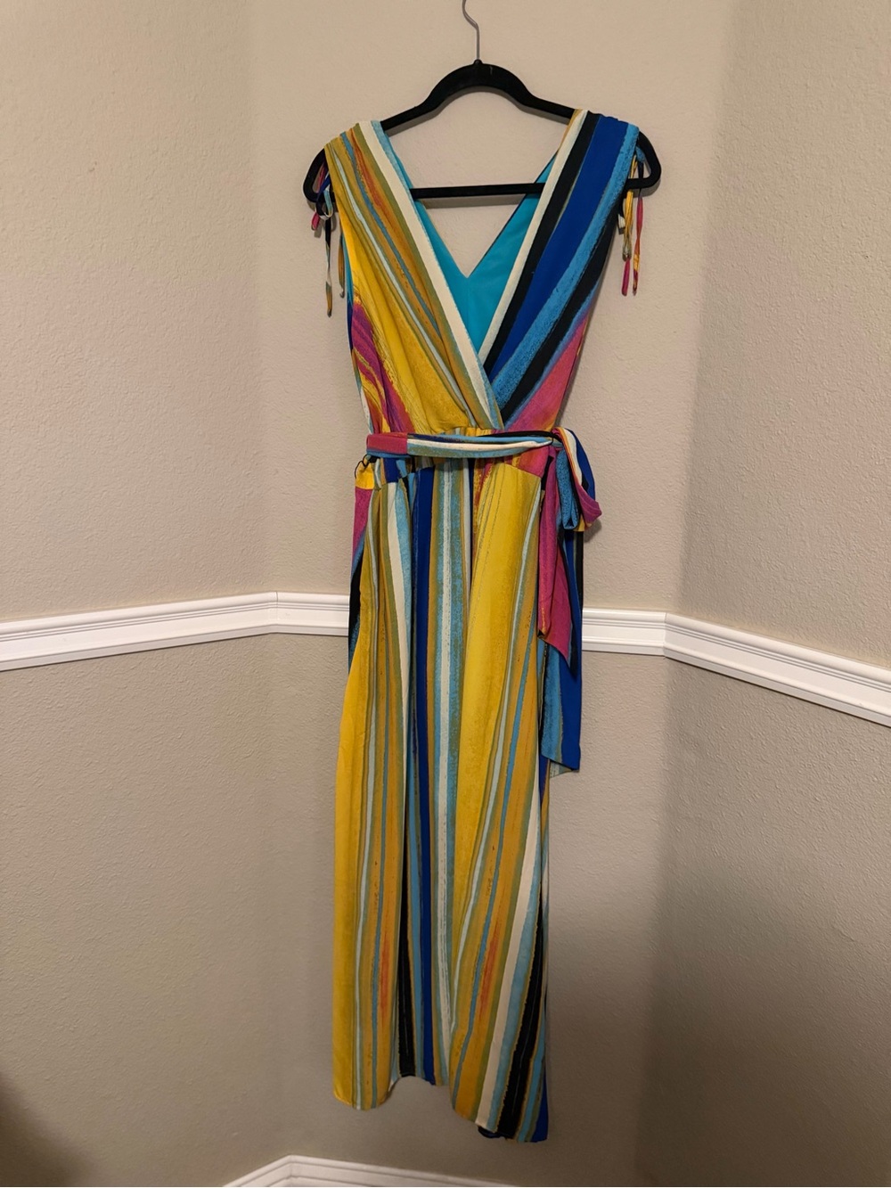 New York & Company Striped Wrap Maxi Dress in Yellow, Blue & Pink